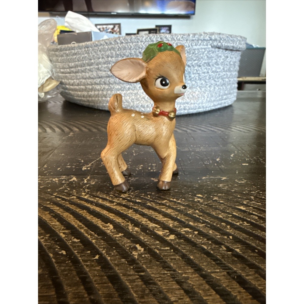 Vintage Lefton Christmas Reindeer Figurine Brown W/white Spots / Holly EXC